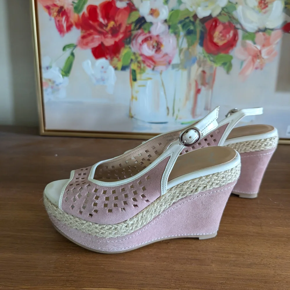 New Pink Leather d White Wedge Shoes - Picture 4 of 6